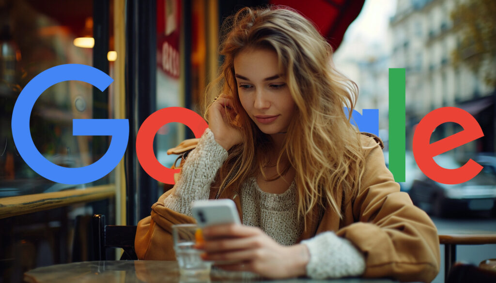 European Woman Searching Phone Google Logo