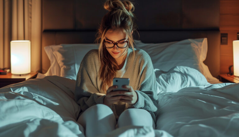 Woman On Phone In Hotel Room Bed