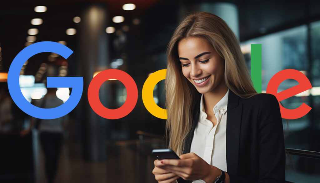 Woman Smiling At Phone Google Logo