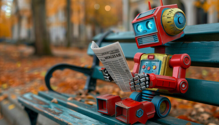 Robot Reading Newspaper Park Bench