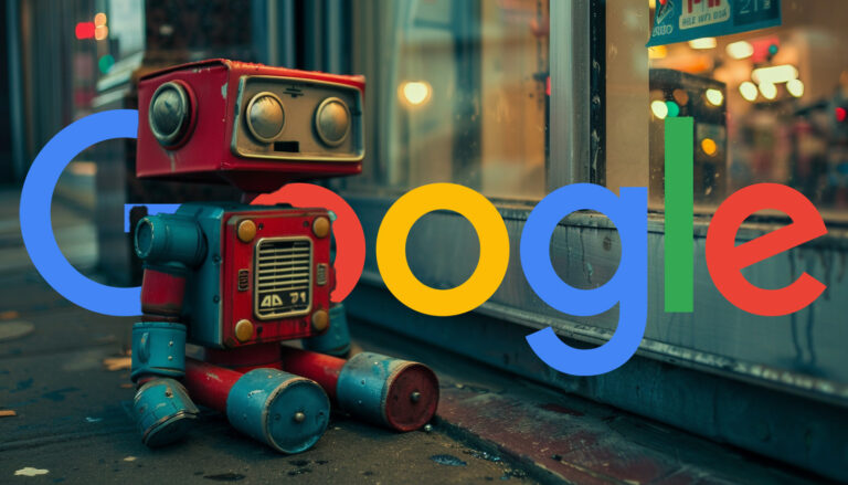 Sad Robot Outside Store Front Google Logo