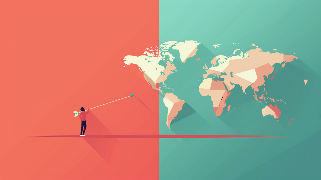 An illustraiton of a map of the world with a person aiming a dart at it