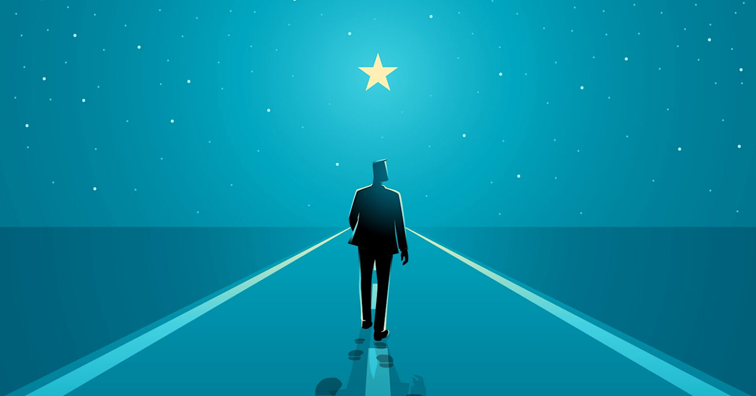 Man walks on the boundless road to the bright star, success journey, long journey starts with one step