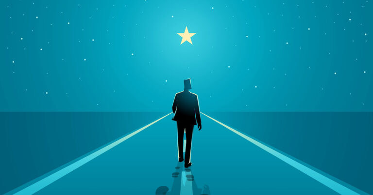 Man walks on the boundless road to the bright star, success journey, long journey starts with one step