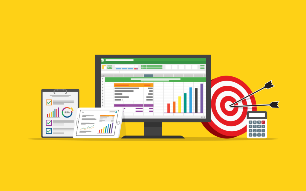 Automate Multi-Site Reporting With Google Sheets And GSC API Illustration of a modern workspace setup with a desktop showing Google Sheets, a mobile device with documents, a calculator, and a target with arrows on a yellow background.