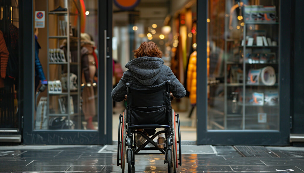 Woman Wheelchair Entering Store