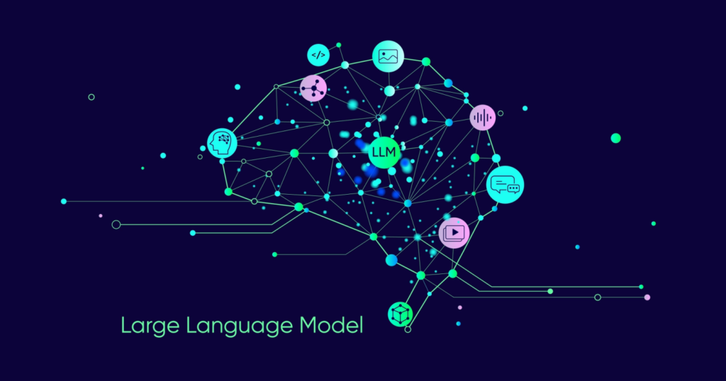 Illustration of a brain diagram representing LLMs, interconnected with various icons symbolizing communication, data, and technology, on a dark background.