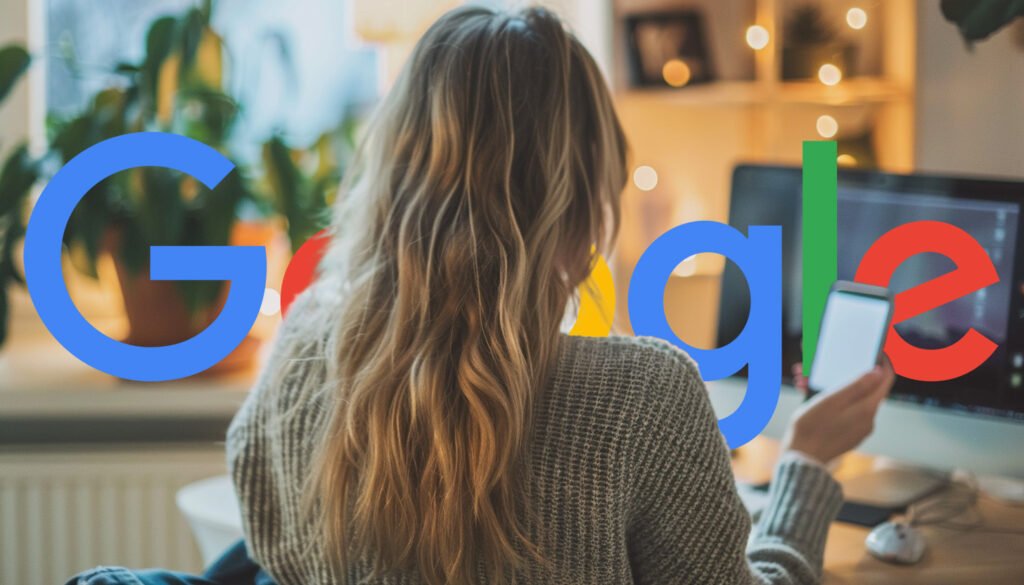 Woman Texting At Office Desk Google Logo