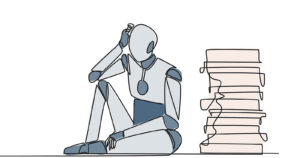 Single continuous line drawing robot sitting near piles of work files.