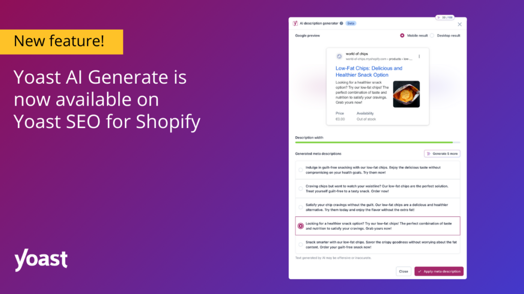 New feature! AI-assisted suggestions for Yoast SEO for Shopify • Yoast